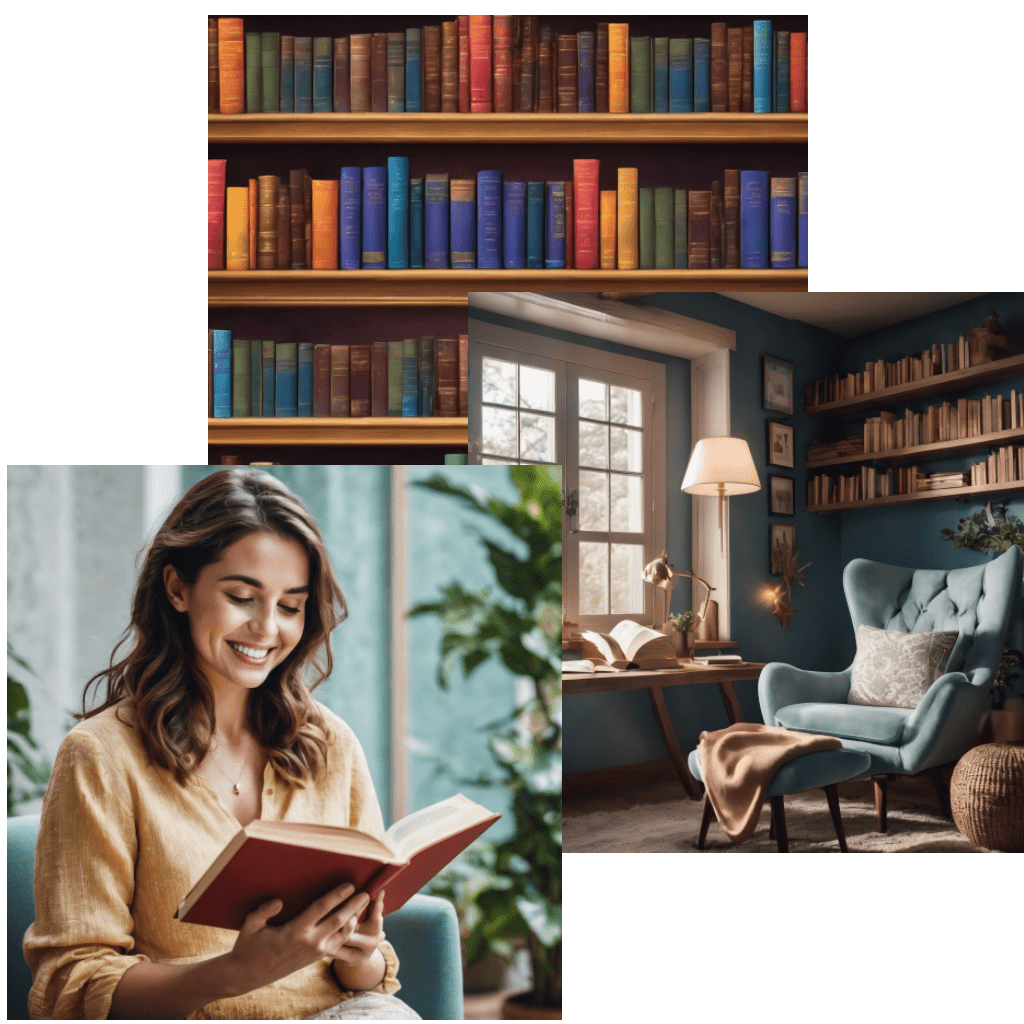 A captivating collage of Bookshelf Wonderland, a Cozy Reading Nook, and an Enthusiastic Reader, showcasing the diverse and immersive world of literary delights offered by Bookify.